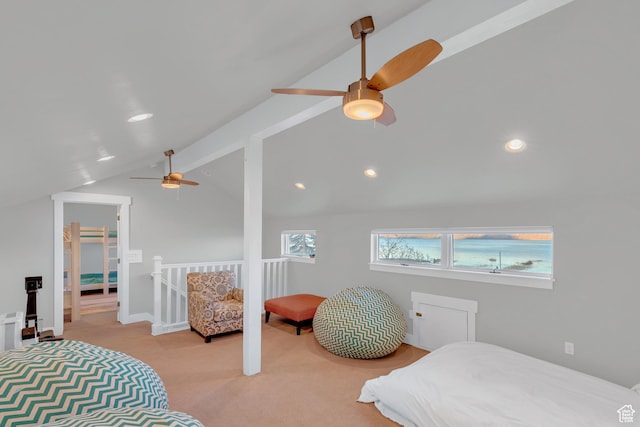 660 S Bear Lake Blvd, Garden City, UT 84028 - bedroom featuring light colored carpet, vaulted ceiling, ceiling fan, and recessed lighting