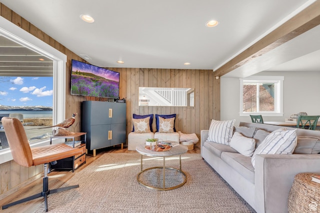 660 S Bear Lake Blvd, Garden City, UT 84028 - living room featuring wood walls, recessed lighting, and wood finished floors