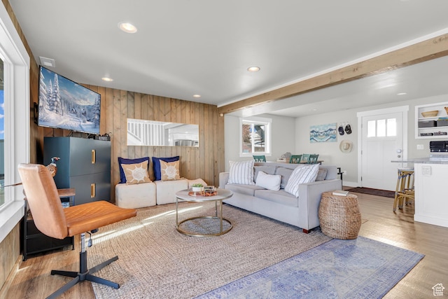 660 S Bear Lake Blvd, Garden City, UT 84028 - living room featuring recessed lighting, wooden walls, and wood finished floors