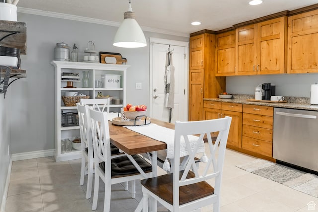 1348 W 200 S, Vernal, UT 84078 - kitchen featuring light stone counters, stainless steel dishwasher, light tile patterned floors, ornamental molding, and recessed lighting