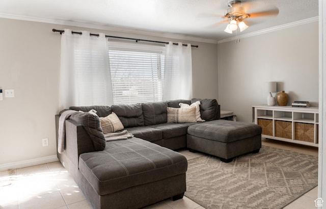 1348 W 200 S, Vernal, UT 84078 - living area featuring baseboards, light tile patterned floors, a ceiling fan, and crown molding