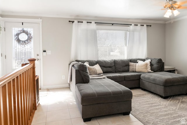 1348 W 200 S, Vernal, UT 84078 - living room featuring light tile patterned flooring, baseboards, ornamental molding, and a ceiling fan