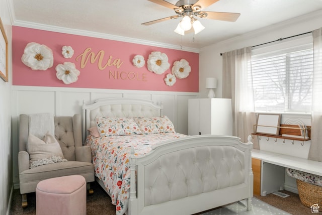 1348 W 200 S, Vernal, UT 84078 - bedroom featuring a wainscoted wall, crown molding, and ceiling fan