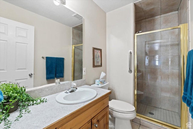 bathroom with vanity, toilet, tile patterned floors, a stall shower, and visible vents