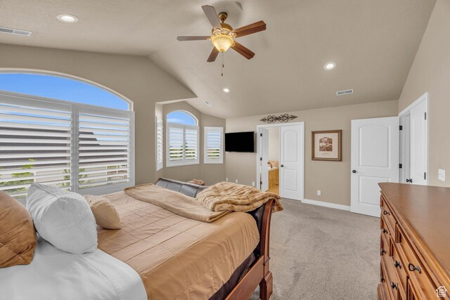 686 Wellington Dr, Kaysville, UT 84037 - carpeted bedroom with baseboards, visible vents, ceiling fan, and vaulted ceiling