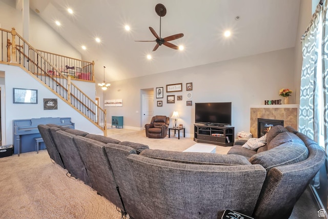 6092 W 13400 S, Herriman, UT 84096 - living room featuring recessed lighting, stairway, carpet floors, ceiling fan, and high vaulted ceiling