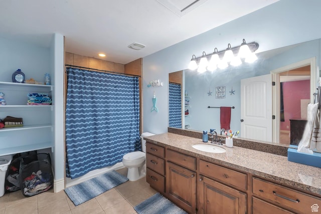6092 W 13400 S, Herriman, UT 84096 - bathroom featuring vanity, visible vents, toilet, a shower with shower curtain, and tile patterned floors