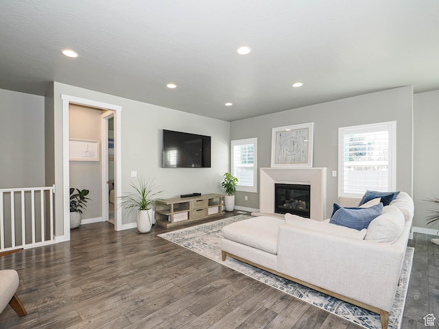 3631 W Cornstalk Way S, Riverton, UT 84065 - living area featuring baseboards, wood finished floors, a glass covered fireplace, and recessed lighting