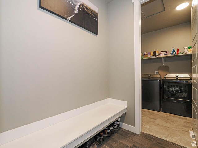 3631 W Cornstalk Way S, Riverton, UT 84065 - laundry area featuring dark wood-style floors, laundry area, washer and clothes dryer, and attic access