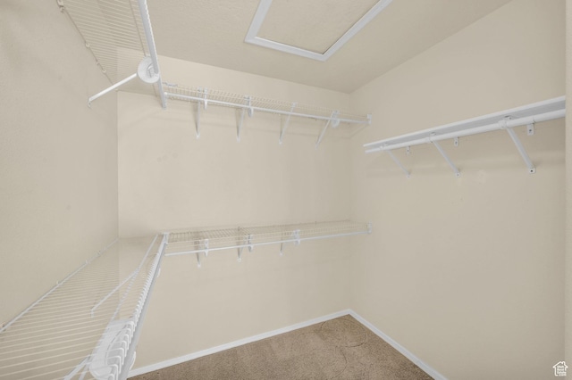 walk in closet featuring carpet floors and attic access