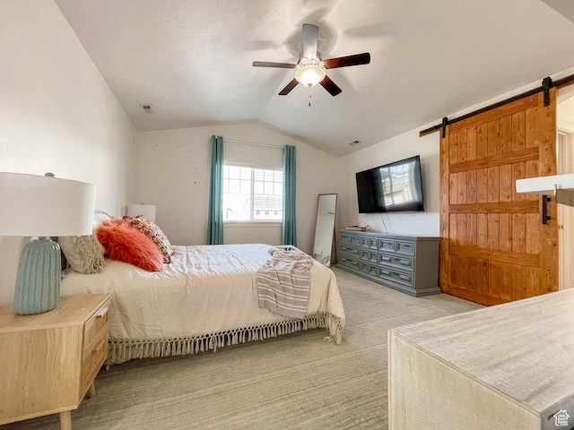 446 E Rue De Paris, Vineyard, UT 84059 - bedroom with a barn door, vaulted ceiling, light carpet, ceiling fan, and visible vents