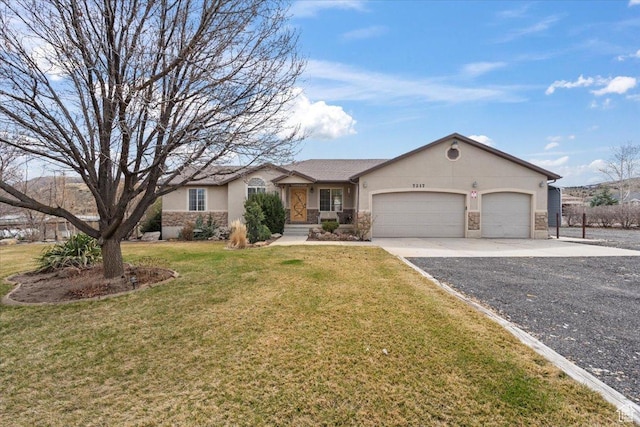 7217 W Mccuiston Ave S, Herriman, UT 84096 - single story home with stone siding, gravel driveway, an attached garage, a front lawn, and stucco siding