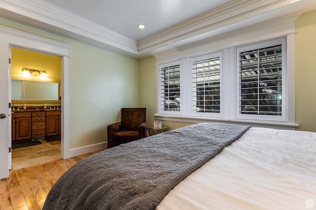 2503 W State Road 32, Peoa, UT 84061 - bedroom with crown molding, baseboards, connected bathroom, recessed lighting, and light wood-style floors
