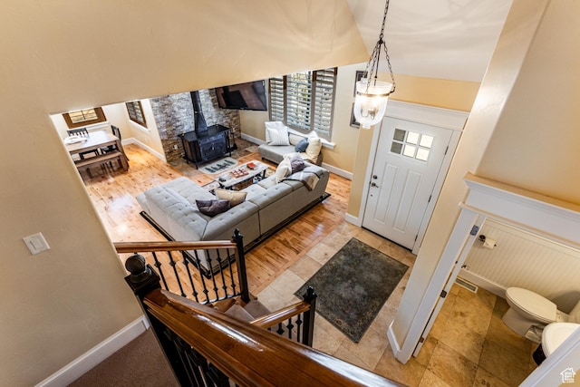 2503 W State Road 32, Peoa, UT 84061 - foyer entrance with baseboards and a wood stove