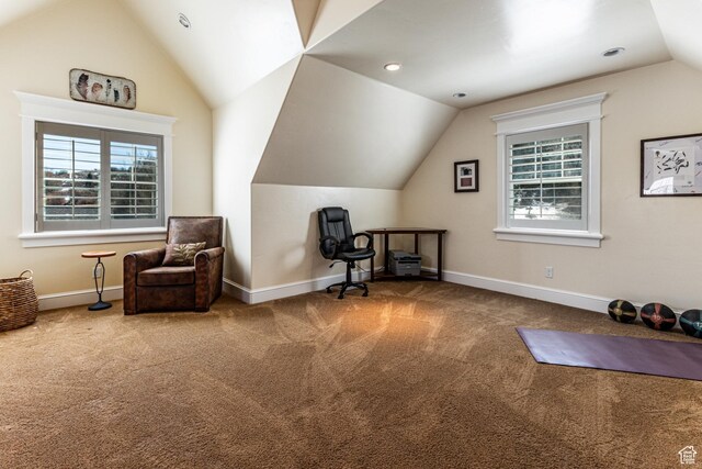 2503 W State Road 32, Peoa, UT 84061 - living area with carpet, baseboards, vaulted ceiling, and recessed lighting
