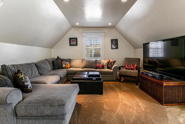 2503 W State Road 32, Peoa, UT 84061 - living room featuring light carpet, vaulted ceiling, and recessed lighting