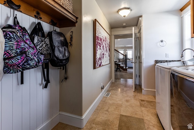2503 W State Road 32, Peoa, UT 84061 - hall with light tile patterned flooring, stairs, separate washer and dryer, baseboards, and visible vents
