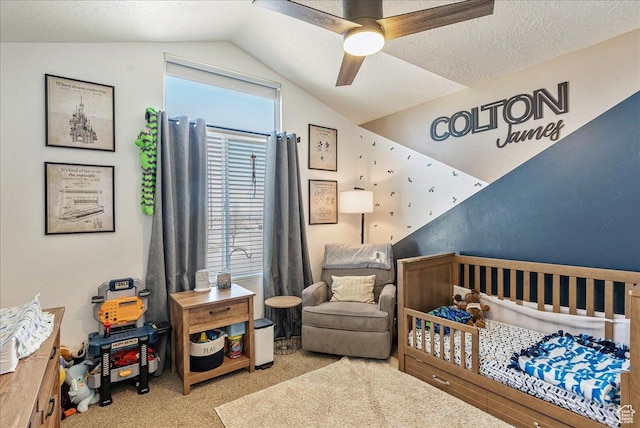 6403 W Muzzle Loader Dr, Herriman, UT 84096 - bedroom featuring a nursery area, lofted ceiling, ceiling fan, and carpet