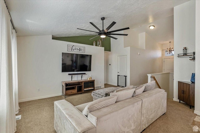 6403 W Muzzle Loader Dr, Herriman, UT 84096 - living room featuring light carpet, vaulted ceiling, and ceiling fan