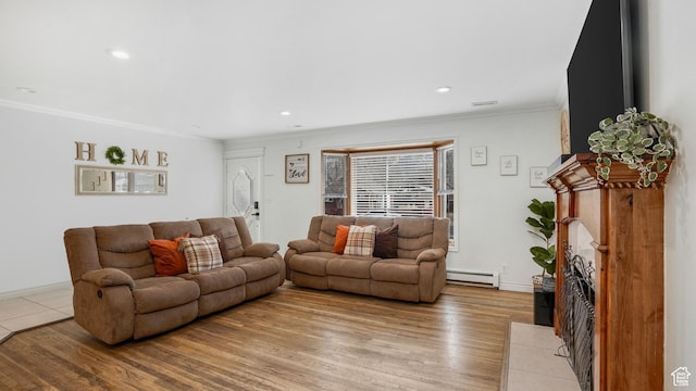4535 S Ridgeline Dr, Ogden, UT 84405 - living area with baseboards, ornamental molding, wood finished floors, recessed lighting, and a baseboard heating unit