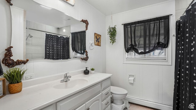 4535 S Ridgeline Dr, Ogden, UT 84405 - full bath with vanity, toilet, baseboard heating, and a shower with curtain