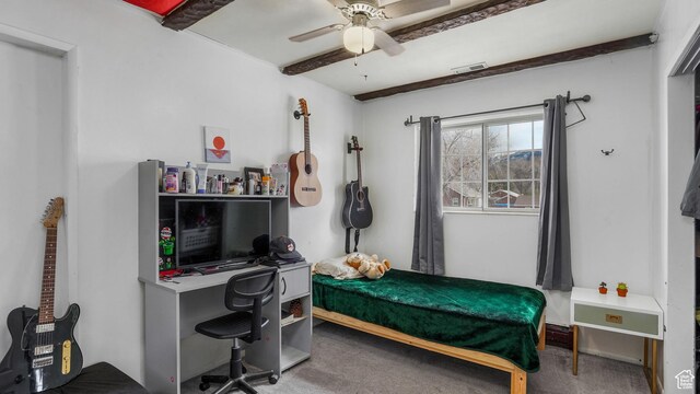 4535 S Ridgeline Dr, Ogden, UT 84405 - carpeted bedroom featuring visible vents, ceiling fan, and beam ceiling