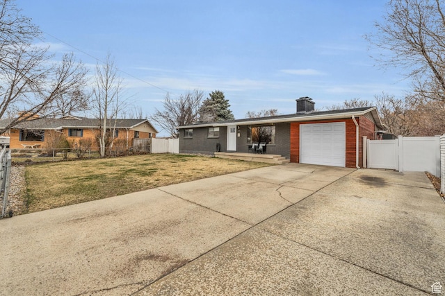 175 E Millerberg Dr S, Sandy, UT 84070 - ranch-style home with fence, a front yard, brick siding, a garage, and a chimney