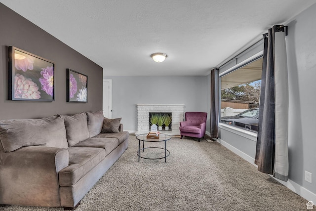 175 E Millerberg Dr S, Sandy, UT 84070 - living room with a brick fireplace, carpet, baseboards, and a textured ceiling