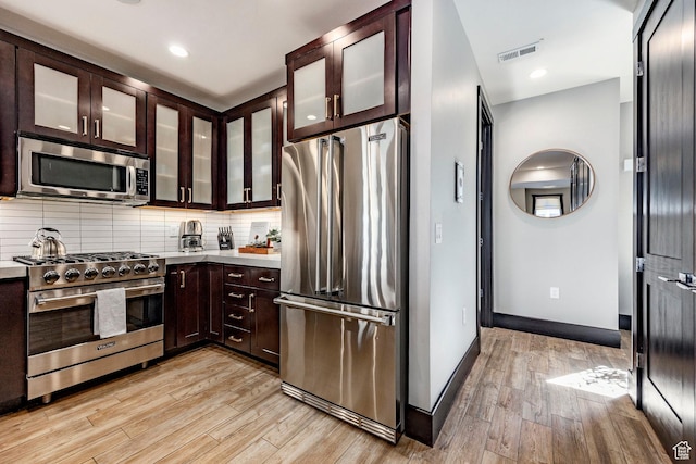 3788 Blackstone Dr Unit 19, Park City, UT 84098 - kitchen with tasteful backsplash, visible vents, light wood-type flooring, high quality appliances, and dark brown cabinets