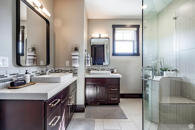 3788 Blackstone Dr Unit 19, Park City, UT 84098 - bathroom with two vanities, a sink, a stall shower, and decorative backsplash