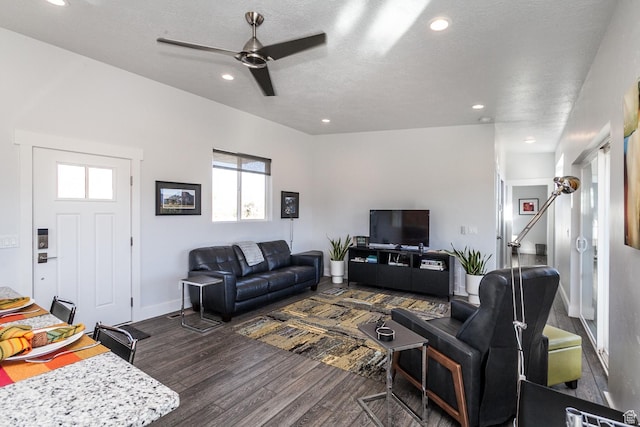 405 W 1000 N, Torrey, UT 84775 - living room featuring a textured ceiling, baseboards, ceiling fan, recessed lighting, and dark wood finished floors