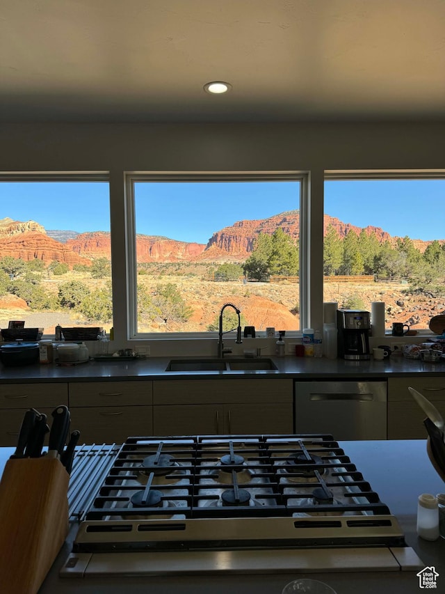 405 W 1000 N, Torrey, UT 84775 - kitchen with a mountain view, a sink, dark countertops, and dishwasher