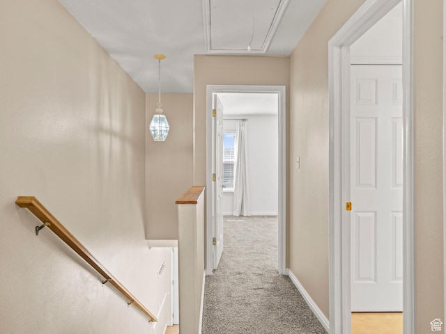 932 Independence Ave, Provo, UT 84604 - hall with attic access, baseboards, an upstairs landing, and light carpet