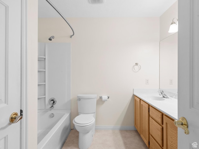 932 Independence Ave, Provo, UT 84604 - bathroom with tile patterned flooring, vanity, toilet, baseboards, and tub / shower combination