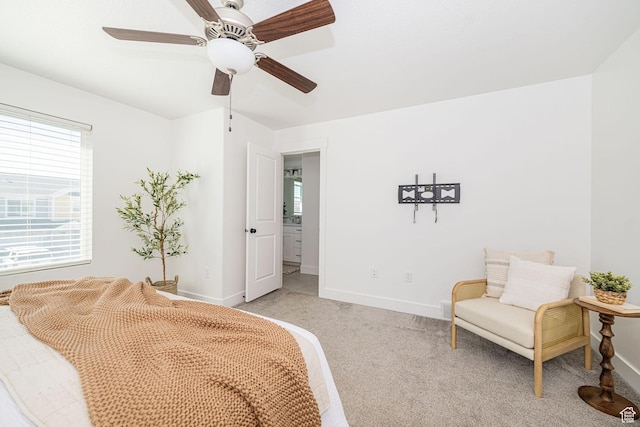 bedroom with baseboards, light colored carpet, and ceiling fan