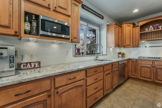 11773 S Twin Pines Ct, Draper, UT 84020 - kitchen featuring light tile patterned flooring, a sink, brown cabinets, exhaust hood, and stainless steel appliances