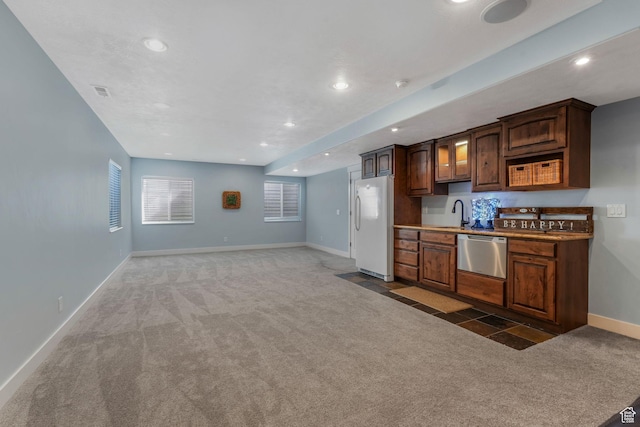 11773 S Twin Pines Ct, Draper, UT 84020 - kitchen featuring recessed lighting, baseboards, stainless steel dishwasher, freestanding refrigerator, and light carpet