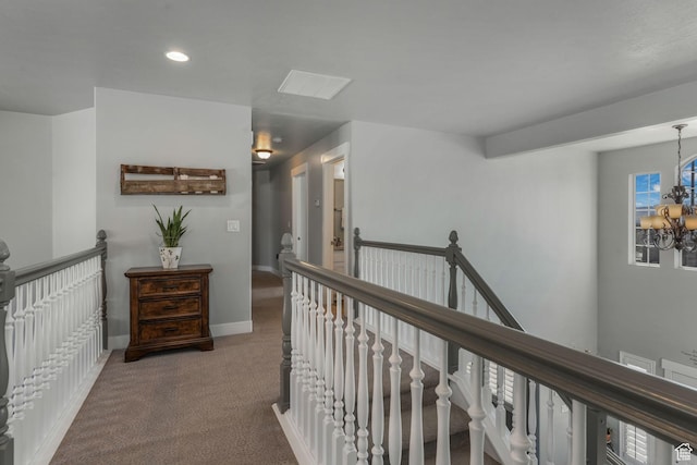 11773 S Twin Pines Ct, Draper, UT 84020 - hallway with an upstairs landing, recessed lighting, carpet flooring, an inviting chandelier, and baseboards