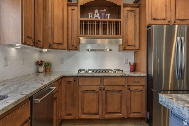 11773 S Twin Pines Ct, Draper, UT 84020 - kitchen featuring brown cabinets, stainless steel appliances, and open shelves