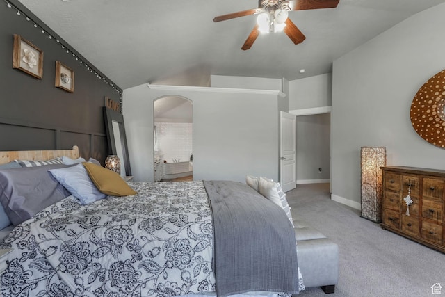 11773 S Twin Pines Ct, Draper, UT 84020 - carpeted bedroom with arched walkways, vaulted ceiling, and a ceiling fan