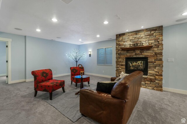 11773 S Twin Pines Ct, Draper, UT 84020 - carpeted living room featuring baseboards, recessed lighting, and a stone fireplace