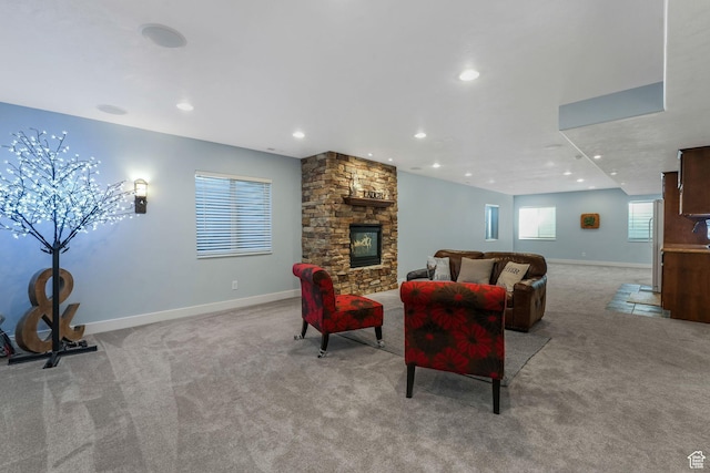 11773 S Twin Pines Ct, Draper, UT 84020 - living room featuring baseboards, a fireplace, recessed lighting, and carpet
