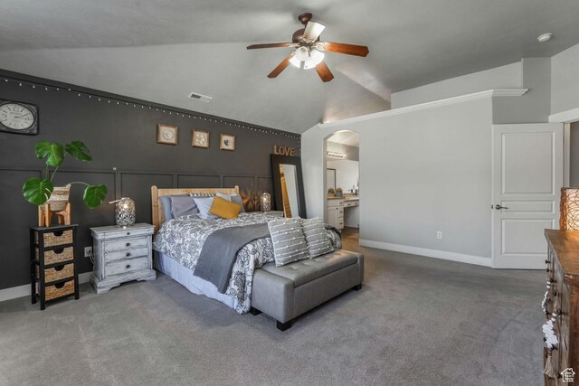 11773 S Twin Pines Ct, Draper, UT 84020 - carpeted bedroom featuring vaulted ceiling, baseboards, visible vents, arched walkways, and ceiling fan