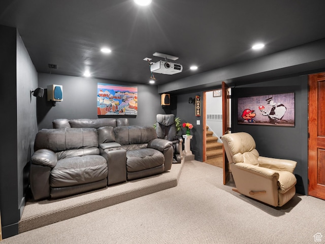 home theater room featuring recessed lighting and carpet floors