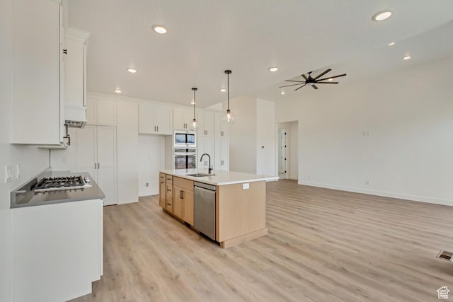 8077 N Bristle Cone Rd, Eagle Mountain, UT 84005 - kitchen featuring a sink, a ceiling fan, open floor plan, light wood-type flooring, and stainless steel appliances