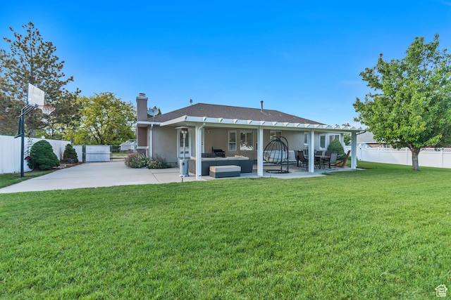 2793 W Misty Oaks Dr S, South Jordan, UT 84095 - rear view of house with outdoor lounge area, a chimney, a patio area, and stucco siding