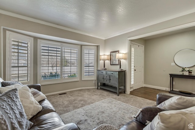 carpeted living room featuring baseboards, visible vents, crown molding, and a textured ceiling