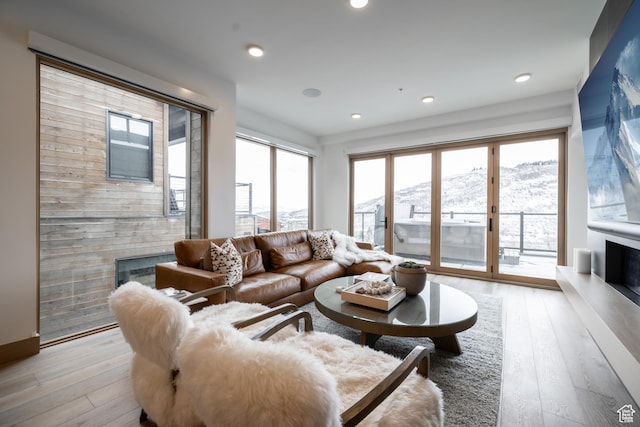 1271 Lowell Ave Unit D201, Park City, UT 84060 - living area with a glass covered fireplace, light wood-type flooring, a mountain view, and recessed lighting
