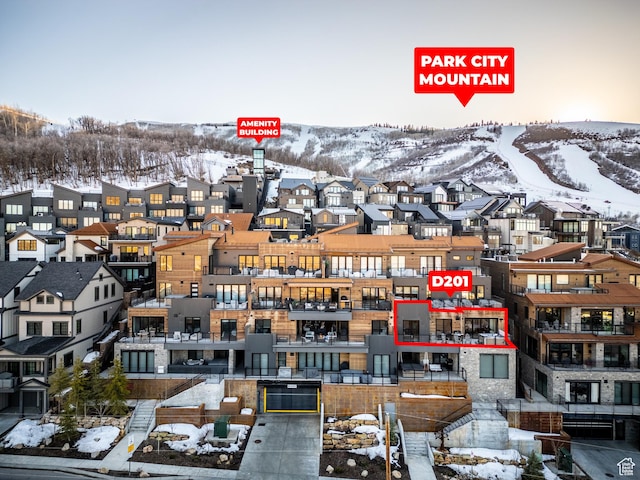 1271 Lowell Ave Unit D201, Park City, UT 84060 - snowy aerial view with a residential view and property parcel outlined