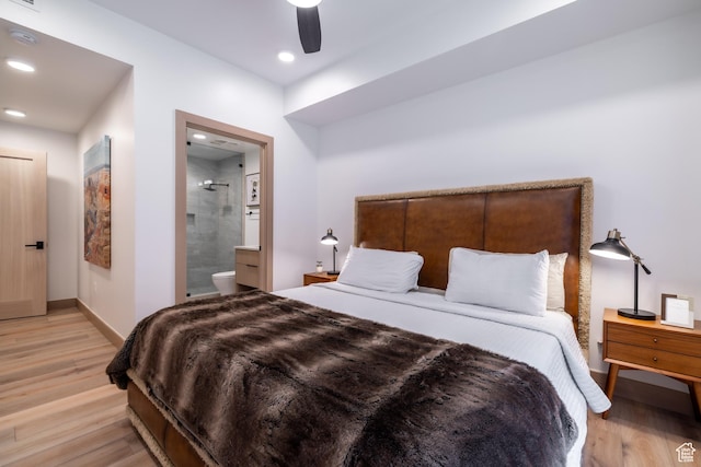 1271 Lowell Ave Unit D201, Park City, UT 84060 - bedroom with light wood-type flooring, recessed lighting, ensuite bath, and a ceiling fan